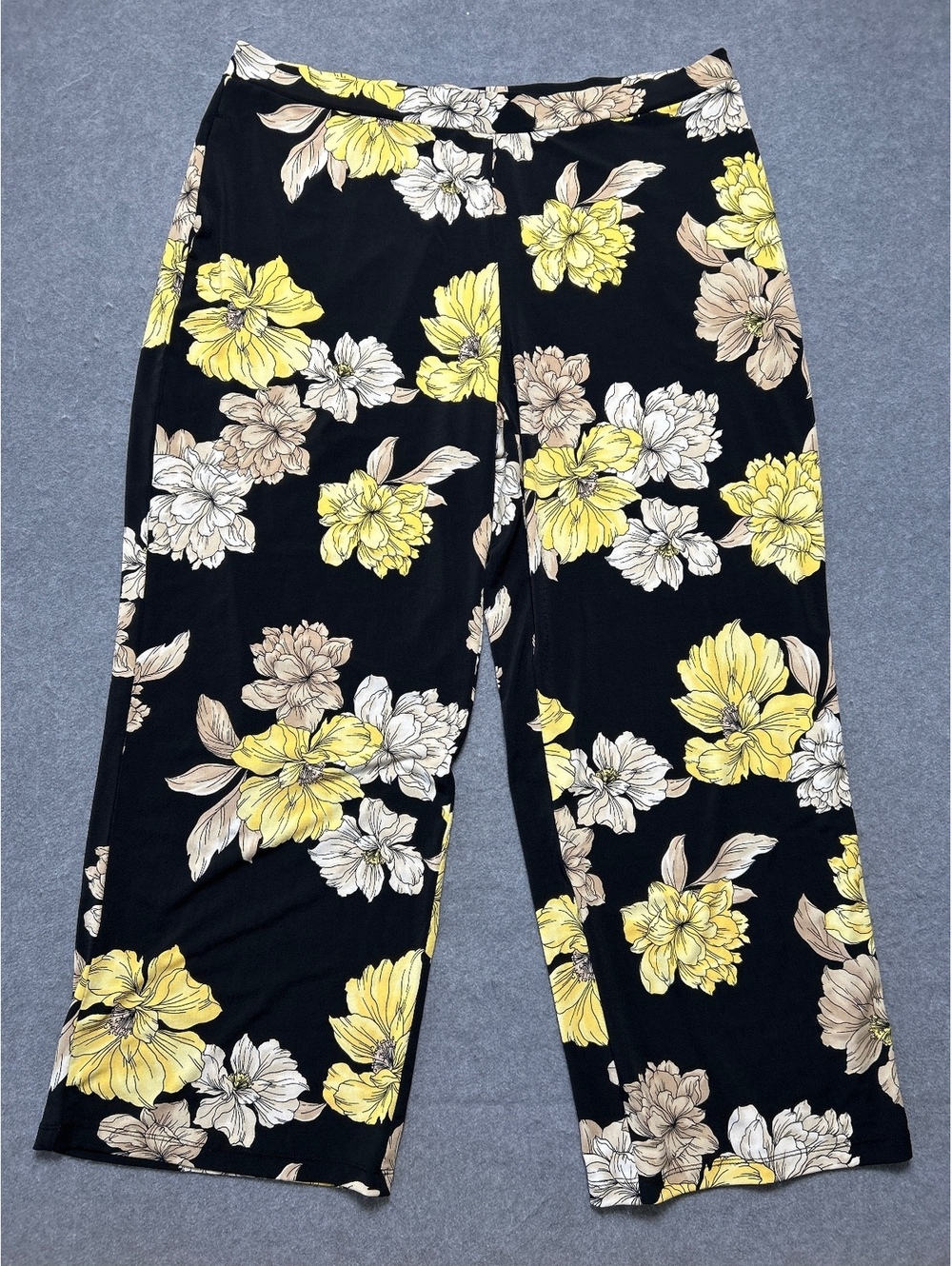 Susan Graver Floral Print Wide Leg Pants Black Yellow Beige Size Large